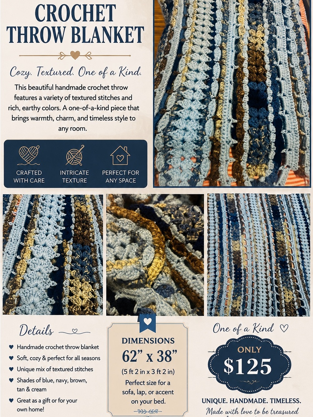 Hand Crafted Crochet Throw Blanket in Blue, Navy, Brown, Tan & Cream